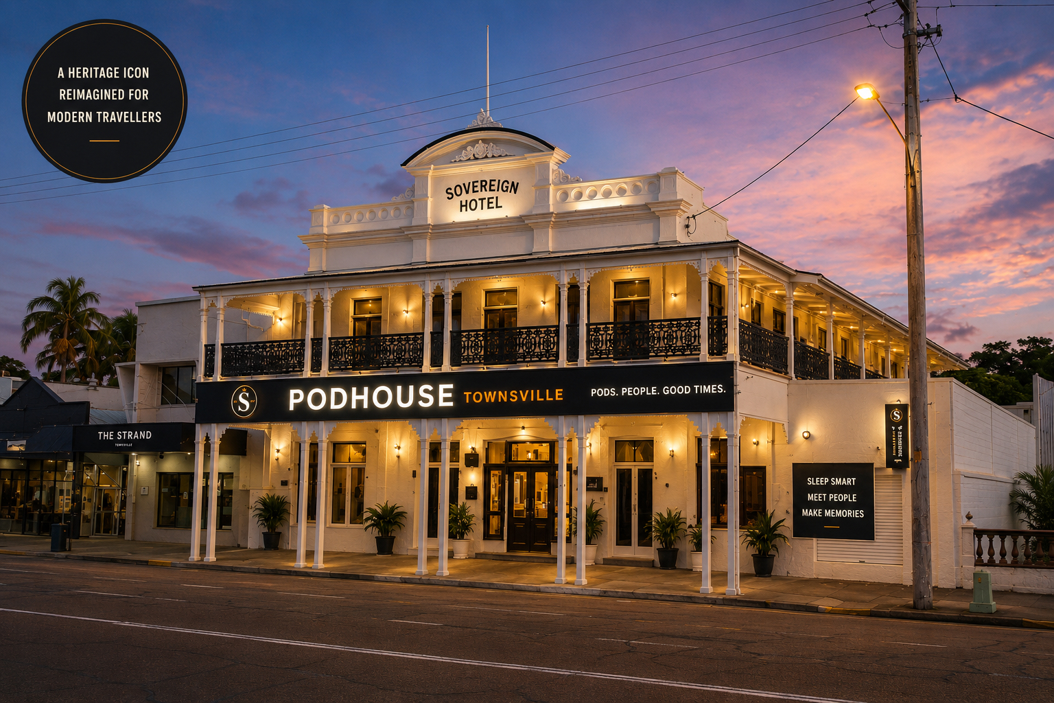 Exterior of Sovereign Pod House in Townsville at dusk