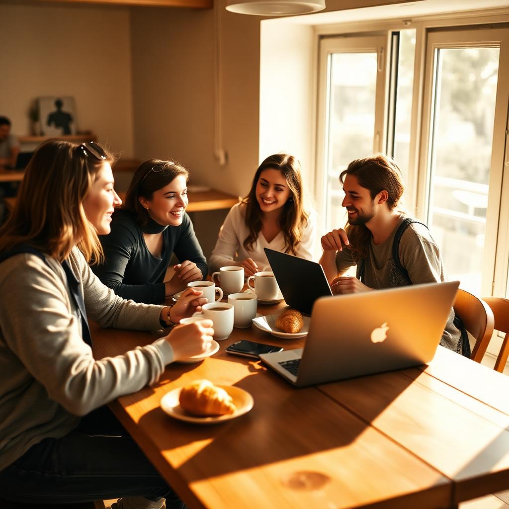 Backpackers sharing coffee and breakfast