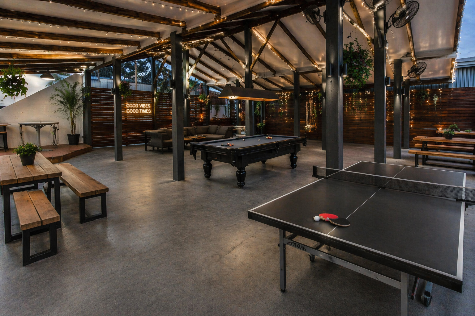 Large social outdoor games area with table tennis and pool table