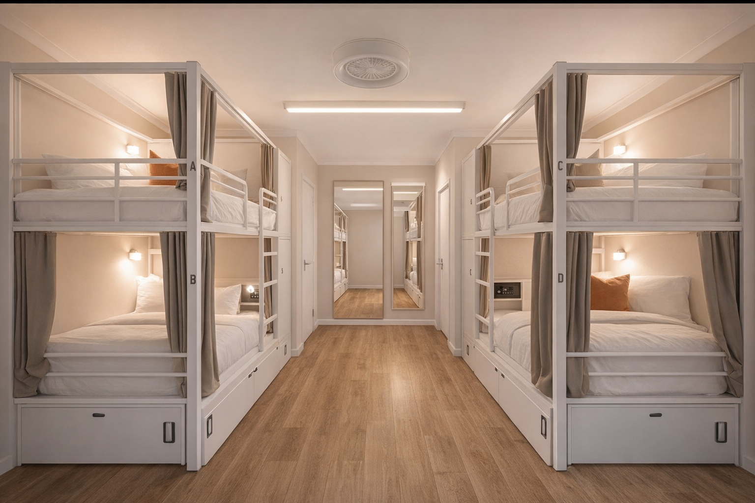Pod dorm room with curtained bunks at Sovereign Pod House